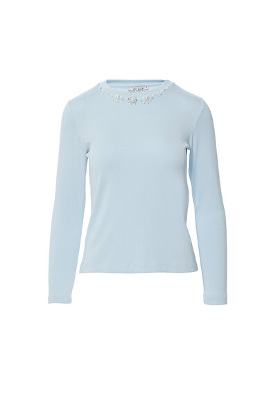 GIZIA SPORT Yakası Işleme Detaylı Uzun Kollu Basic Mavi Tshirt