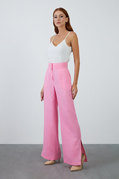 GİZİA Kuşak Detaylı Bol Paça Keten Pembe Pantolon