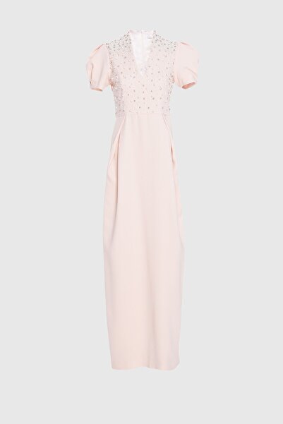 GİZİA V Yaka Taş Inci Işlemeli Uzun Pembe Abiye Elbise