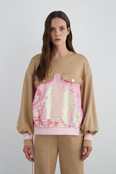 GIZIA SPORT Süs Cep Kapaklı Payet Detaylı Bej Bluz
