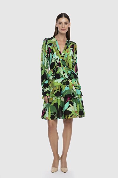 GİZİA Desenli V Yaka Uzun Kollu Mini Elbise