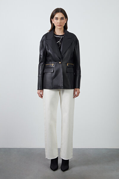 GİZİA Fermuar Detaylı Gold Düğmeli Siyah Deri Ceket