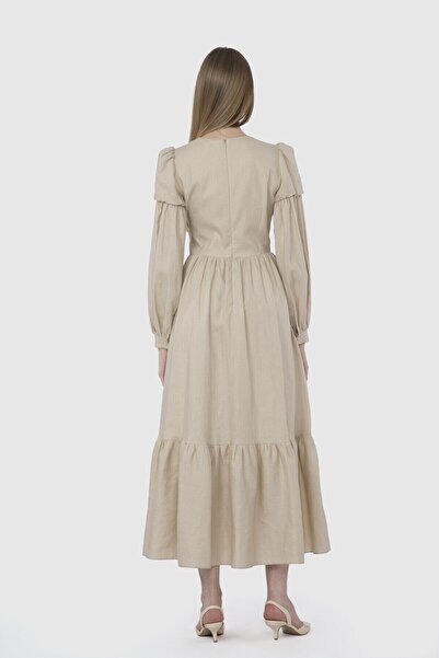 GİZİA Embroidered Embroidery And Buckle Detailed Long Linen Beige Dress