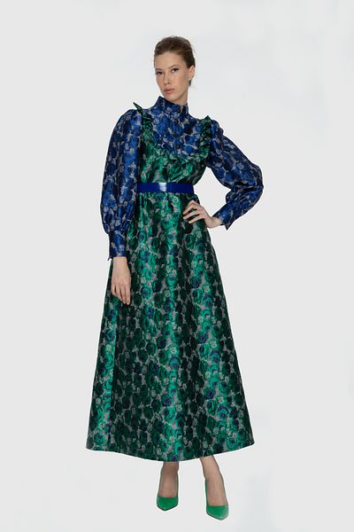 kı.we Ruffle Detailed Belted Green Print Long Jacquard Dress