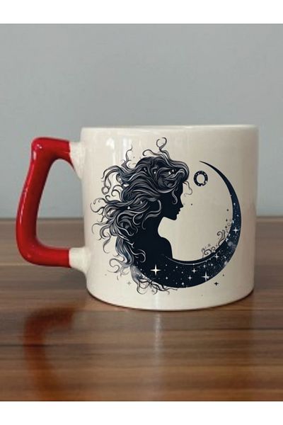 lili hediyelik Women's And Moon Themed Red Handled Mug Cup - Ceramic Tea, Coffee Gift Cup