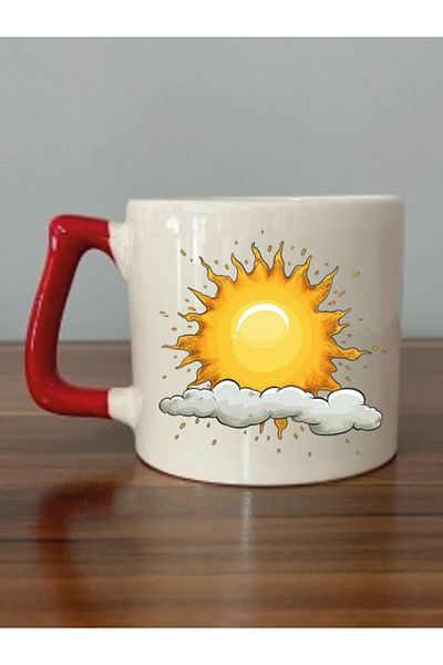 lili hediyelik Sun And Cloud Themed Red Handle Mug Cup - Ceramic Tea, Coffee Gift Cup