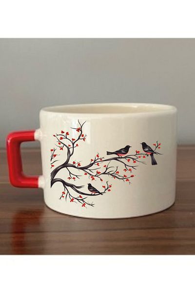 lili hediyelik Birds on a Branch Themed Cup Mug Cup - Ceramic Tea, Coffee Gift Cup