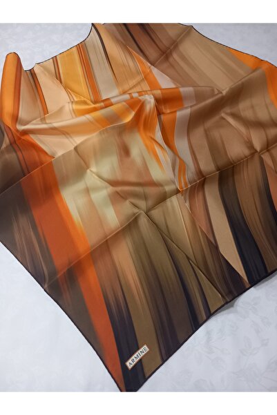 Armine Kahve Çizgili Tivil İpek Eşarp