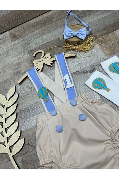 Feriatolye Balloon concept cream blue romper 1 year old birthday bow tie salopet socks set