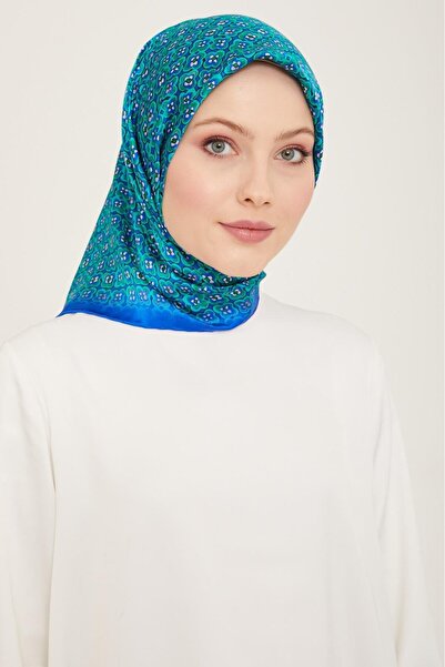 Armine Mavi Çiçek Desenli Tivil İpek Eşarp