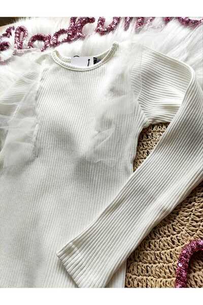 eladamoda Cream Colored Girl's Cotton Blouse with Front Tulle Ruffle Detail