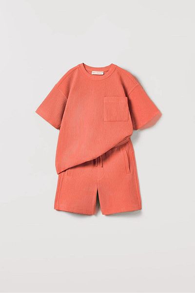 Pink Hippo Kids Unisex Seersucker Waffle Textured Children's Top and Bottom Set with Shorts
