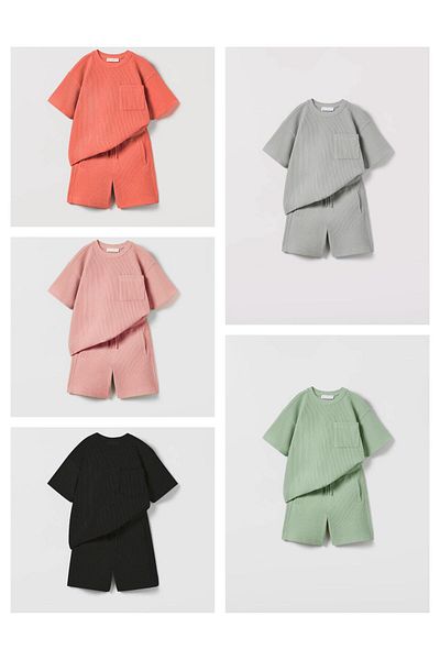 Pink Hippo Kids Unisex Seersucker Waffle Textured Children's Top and Bottom Set with Shorts