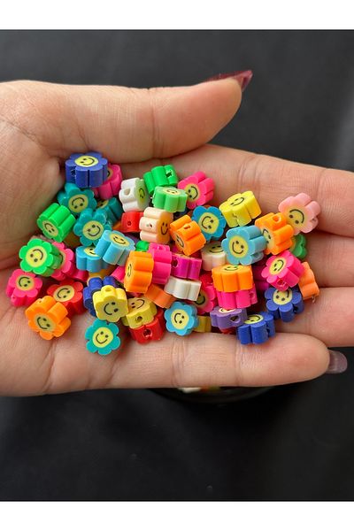 Bijumix Aksesuar 25 bucăți 10 mm argilă polimerică Fimo culori mixte față zâmbitoare față flori mărgele figurate, bijuterii