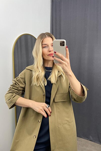 Sue Store Haki Gömlek Yaka Düğmeli Astarlı Kol Detay Trençkot