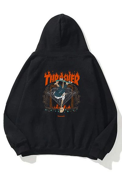 THEWERT Hanorac negru unisex Thrasher Diamand față spate imprimat