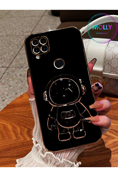 Molly Realme C15 Için Siyah Astronot Standlı Kenarları Gold Detaylı Lüks Sili...