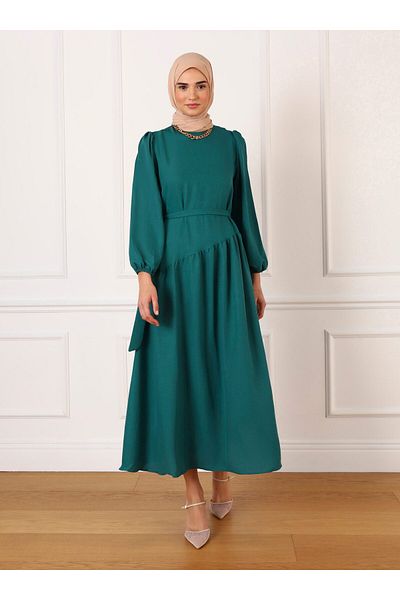 Refka Aerobin Asymmetrical Cut Belted Hijab Dress - Emerald -