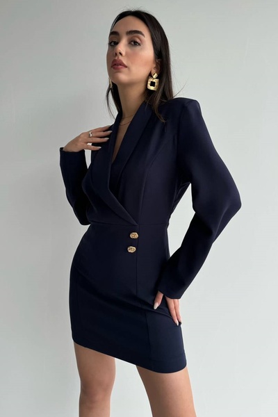 lovebox Női duplasoros kabát gallér gomb részletes hosszú ujjú, párnázott sötétkék kabát ruha 2122