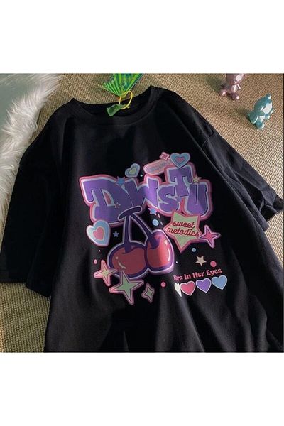 Gofeel Harajuku Cherry Printed Oversize Unisex T-shirt