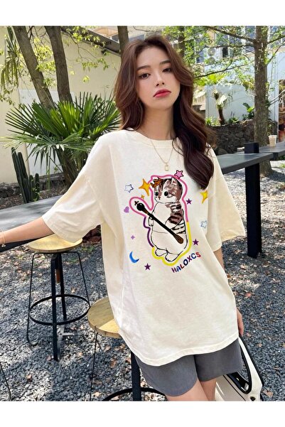 Gofeel Tricou unisex supradimensionat cu imprimeu pisică Harajuku Haloxc