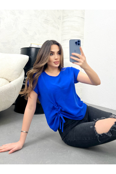 modavingo Γυναικεία μπλούζα Sax Blue λεπτομέρεια με σούρες Aerobin