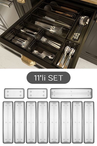 Meleni Home Αρθρωτό σετ Anthracite 11 τεμαχίων - Organizer κουταλιού και μαχαιριού Anthracite με μαχαιροπήρουνα, συρτάρι και οργάνωση εσωτερικού χώρου