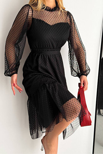 Neşeli Butik kadın kuşaklı midi boy siyah tül elbise NBKKLF2011