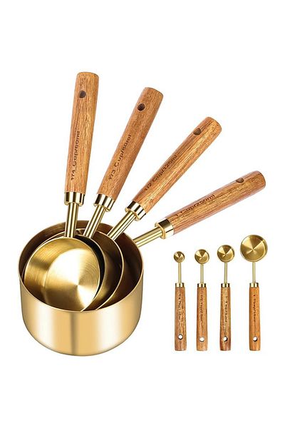 EZERE 8pcs Wooden Handle Dry and Liquid Stainless Steel Measuring Cup