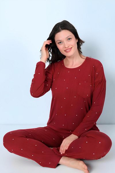 MEBA Set pijama Milan cu mânecă lungă, roșu, buline, din bumbac pieptănat -19