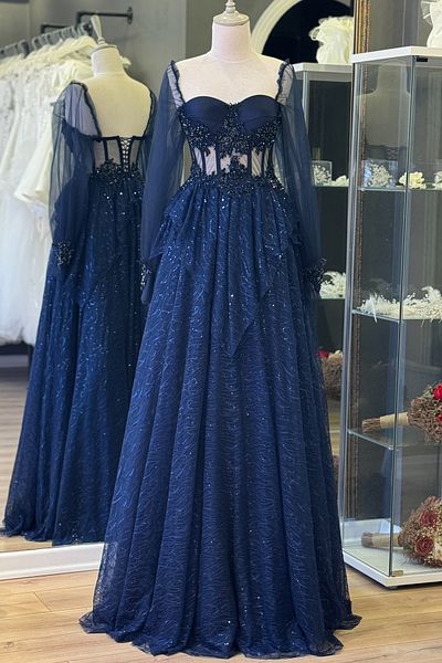 Lenta Moda Navy Blue Sequin Lace Skirt and Embroidered Lace Detail Maxi Length Evening/Engagement Dress