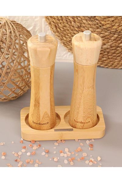 Bambum - Salt Shaker with Plate Pepper Grinder Mill Set 3 Pieces