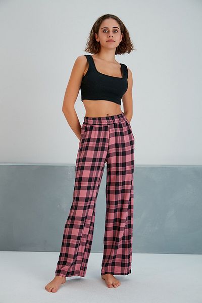 MAMAYAGA Women's Woven Viscose Checkerboard Patterned Large Size Slouch Pants with Pockets and Elastic Waist