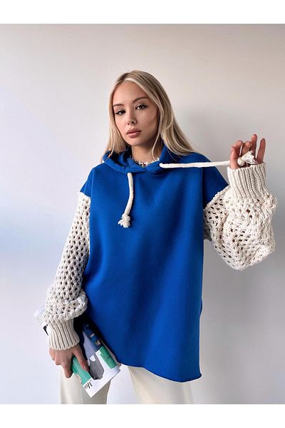 MAMAYAGA Tricotaj cu mâneci pentru femei Oversize Curve Design Saks Blue Hanorac