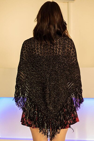 Sislon Kadın El Örgüsü Şal Siyah