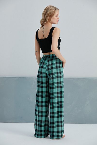 MAMAYAGA Women's Woven Viscose Checkerboard Patterned Large Size Slouch Pants with Pockets and Elastic Waist