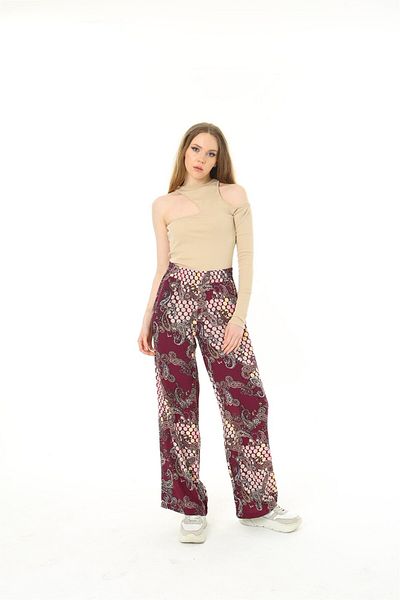 MAMAYAGA Women's Woven Viscose Patterned Large Size Slatty Pants with Pockets and Elastic Waist