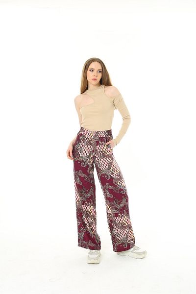 MAMAYAGA Women's Woven Viscose Patterned Large Size Slatty Pants with Pockets and Elastic Waist