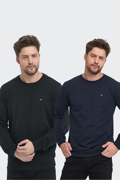 mmetalic Men's Black-Navy Blue Crew Neck Embroidery Detailed Regular Fit 2-Piece Sweatshirt