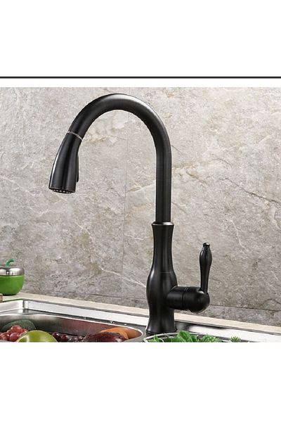 İSAOĞLU YAPI Spiral Kitchen Faucet Black Vintage Design Extending System Sink Faucet Brass Black