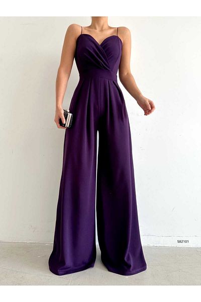 rengamoda Rochie salopetă cu picior largi din material crepon importat cu bretele