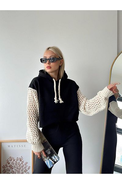 MAMAYAGA Women's Sleeves Knitted Knitwear Super Stylish Design Oversize Crop Boy Black Sweatshirt