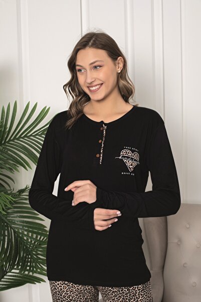 KAPİTEX Σετ πιτζάμες με μακρυμάνικο εποχιακό λεοπάρ μαύρο μπαμπού