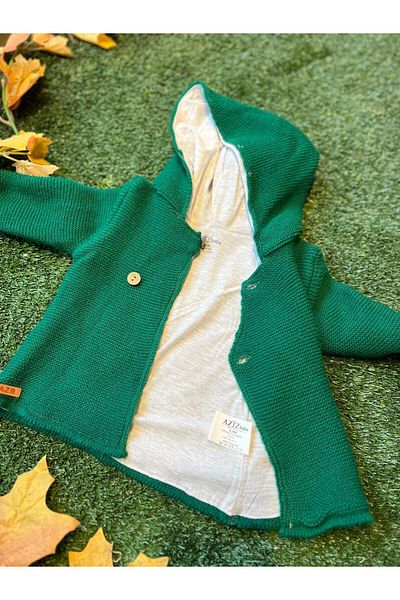 Aziz Bebe Knitwear Hooded Buttoned Cardigan Combed Cotton Inside