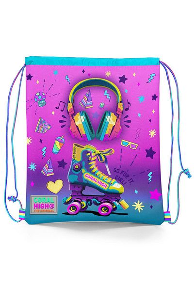 Coral High 12647 Model - Pink Turquoise Backpack with Drawstring and Drawstring, Skate Patterned Headphones