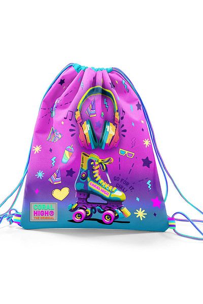 Coral High 12647 Model - Pink Turquoise Backpack with Drawstring and Drawstring, Skate Patterned Headphones