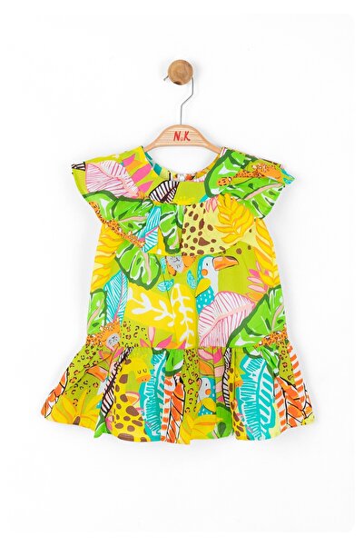 nk kids LİMİ kız bebek & çocuk keten astarlı desenli karayip elbise