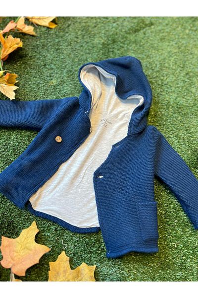 Aziz Bebe Knitwear Hooded Buttoned Cardigan Combed Cotton Inside