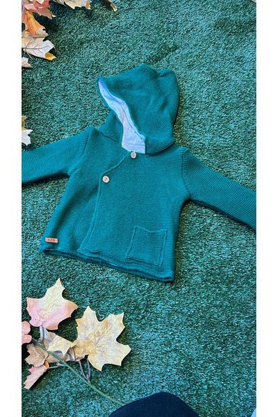 Aziz Bebe Knitwear Hooded Buttoned Cardigan Combed Cotton Inside