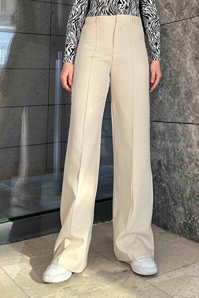 lamelif Παντελόνι με φαρδιά πόδια σε κρεμ χρώμα